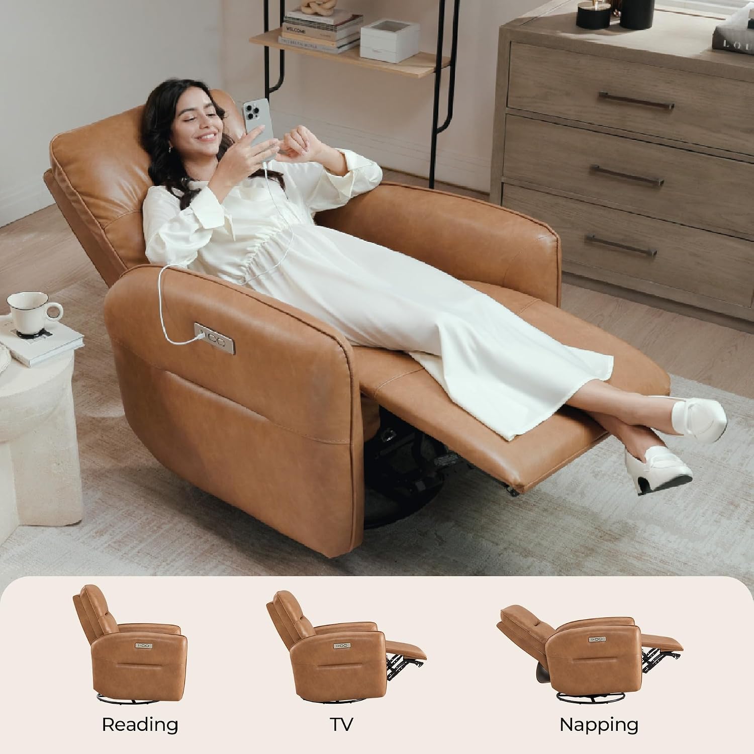CHITA Faux Leather Power Recliner Chair, Swivel Glider Recliner for Adults, Nursery Rocking Chair with USB & Type-C Charging for Living Room, Bedroom, Camel