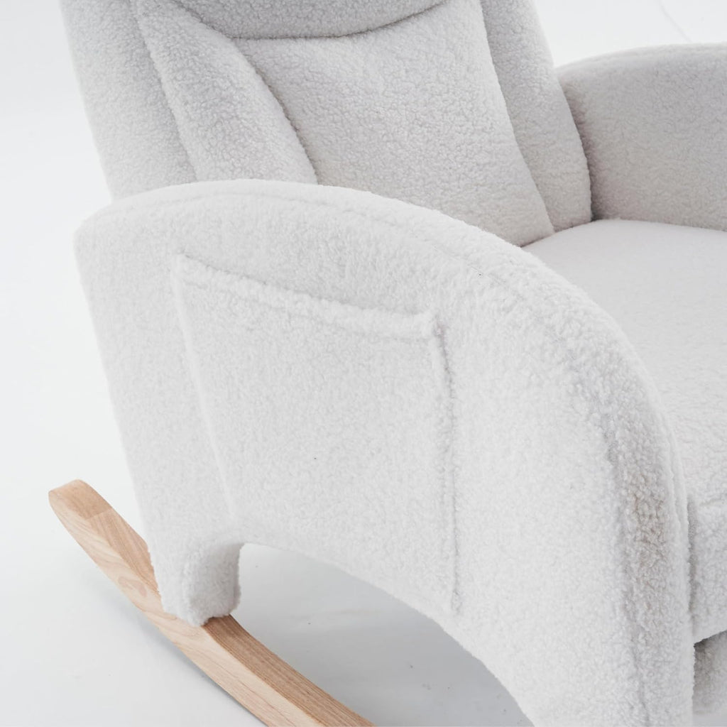 LUMISOL Rocking Chair with Adjustable Footrest, Soft Teddy Fabric Rocking Chair with Pocket for Nursery, Comfy Wing-Back Glider Rocker with Solid Wood Base for Living Room Bedroom Balcony, Ivory