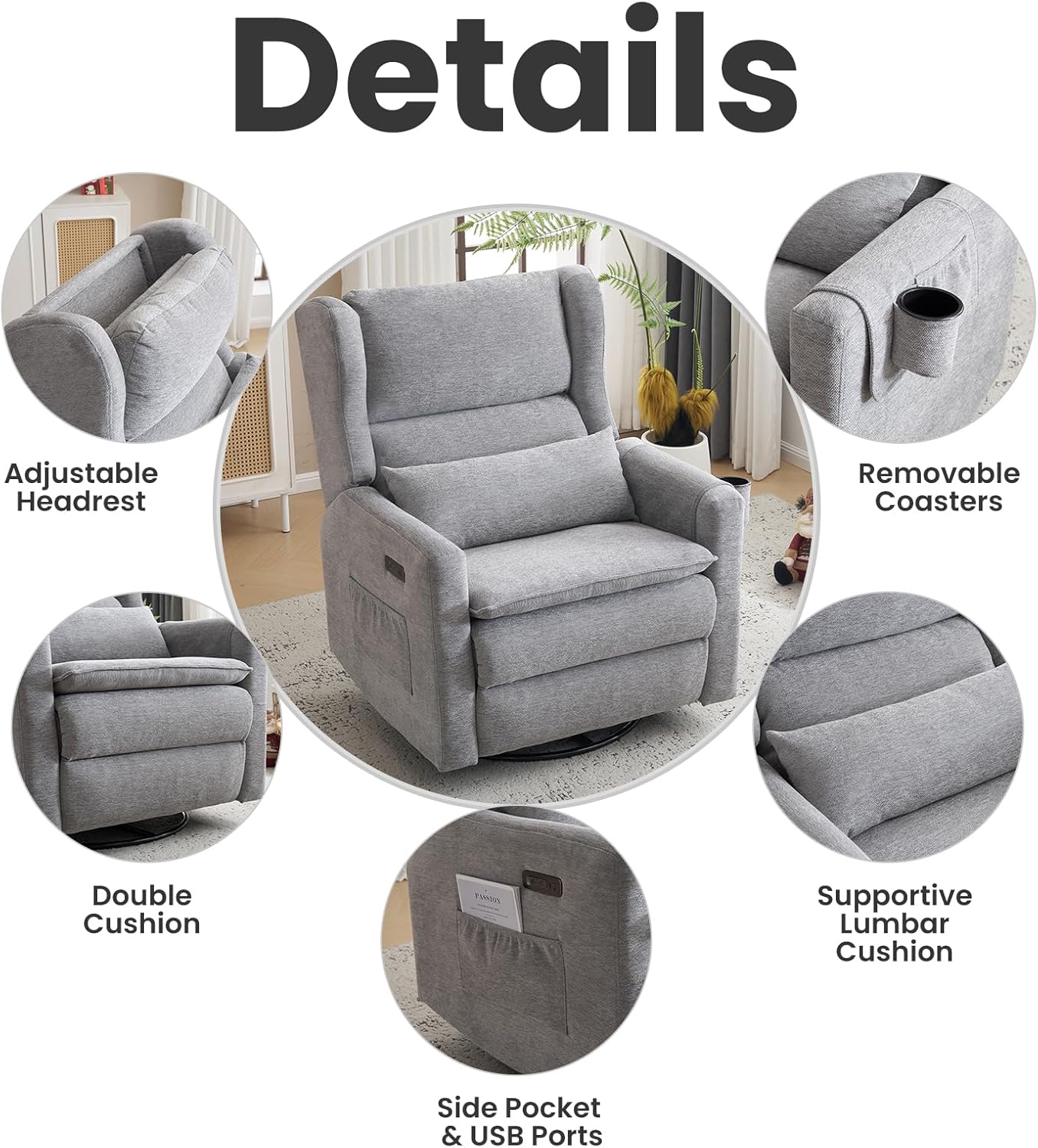 Power Recliner Chair,Oversized Swivel Rocker Recliner with Adjustable Headrest,Nursery Rocking Chair with Lumbar Cushion for Living Room,Grey