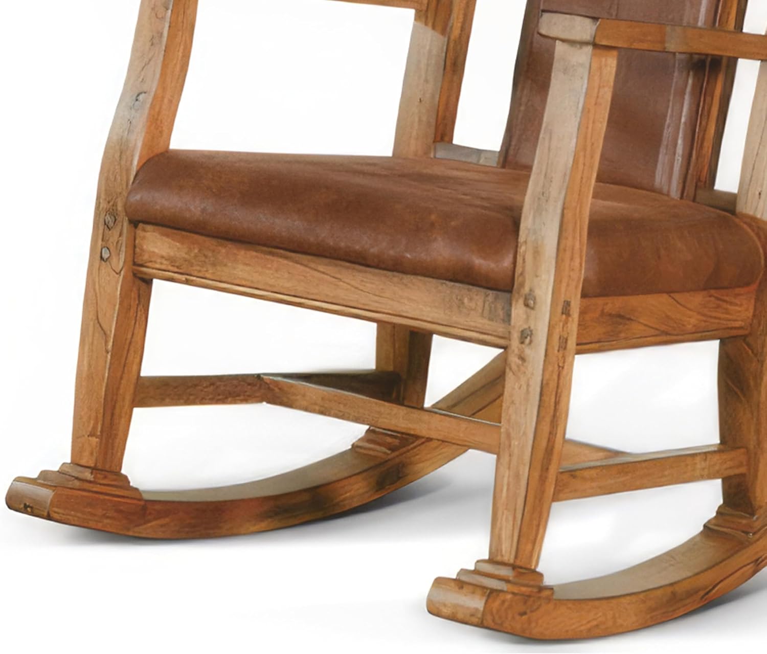 Benzara Marv Rocking Chair with Faux Leather Seat and Back- Rustic Oak Brown