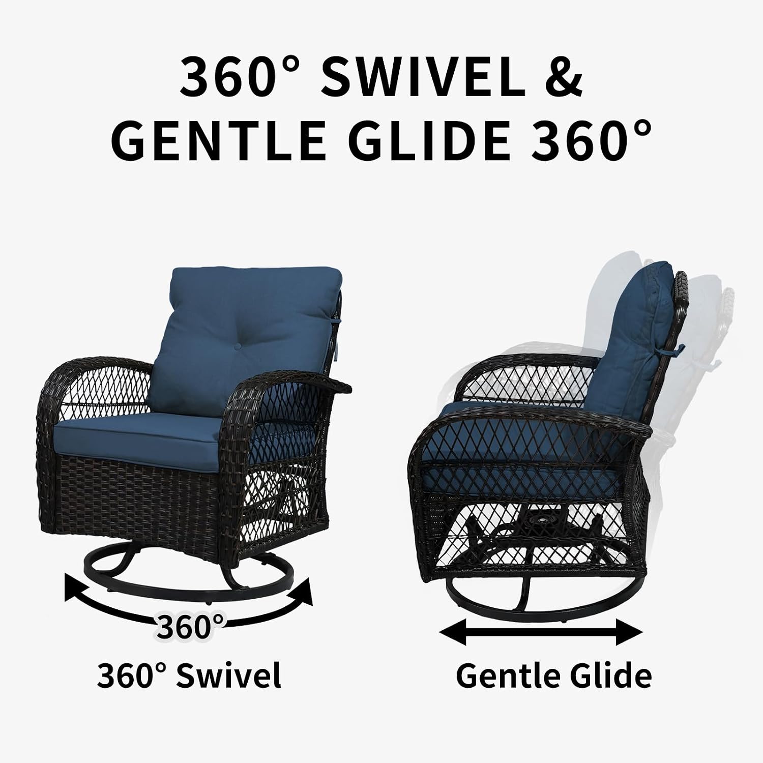 YLGJ&TIDY 3 Pieces Outdoor Swivel Rocker Patio Chair Set Wicker Patio Swivel Chairs with Side Table Cushions High Back Front Porch Rocking Chairs for Patio Balcony Backyard Deck, Blue