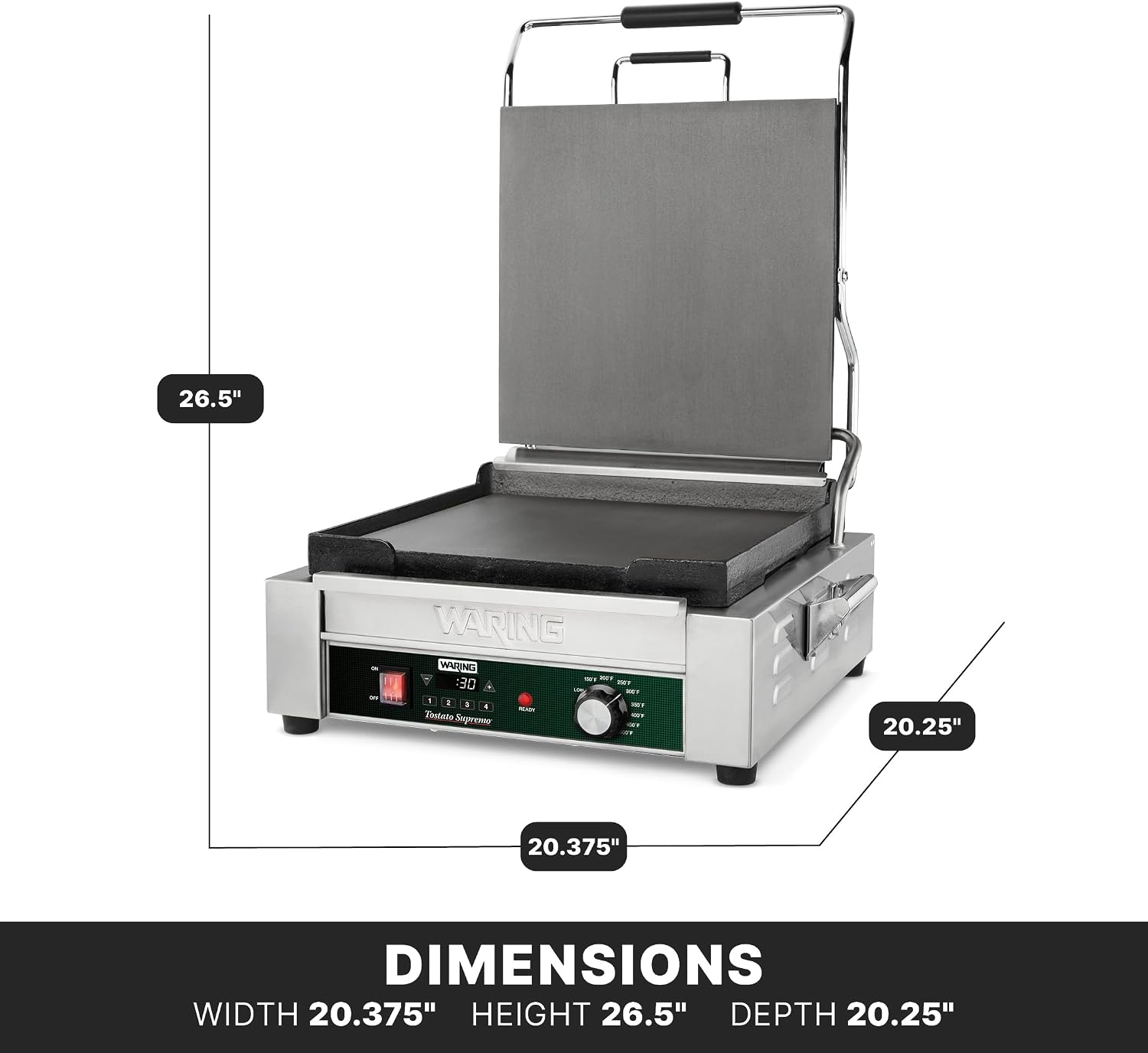 Waring Commercial Full-Size Flat Toasting Grill with Timer, Cast Iron Plates, 14' x 14' Cooking Surface, Ideal for Grilling Sandwiches, Paninis, Tortillas, Quesadillas, WFG275TX