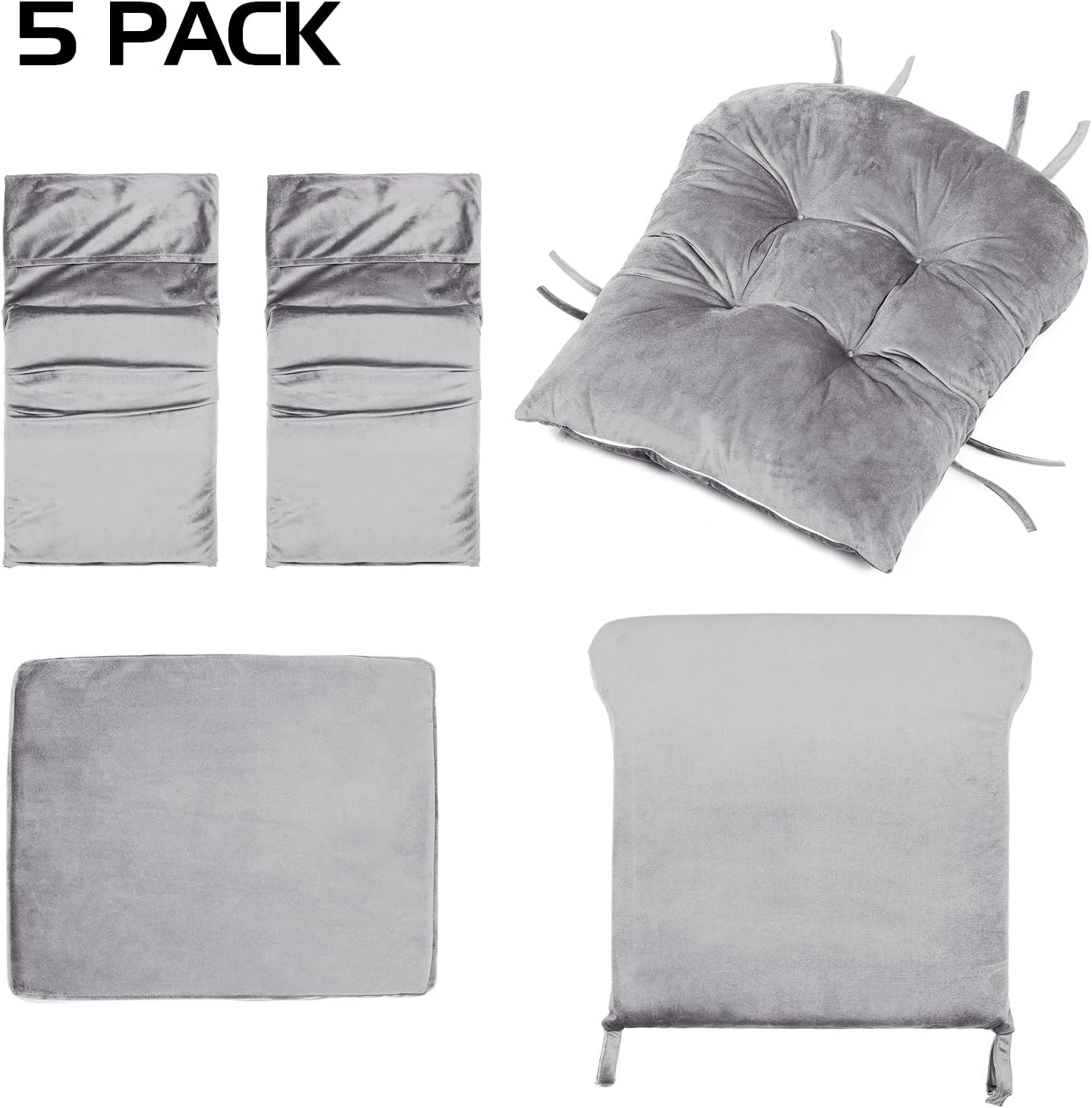 Lucky Monet 5Pcs Glider Rocker Replacement Cushions - Velvet Glider Cushions Replacement Set with Side Storage Pockets, Thick Glider Chair Cushions Washable & Non Slip, Cushion ONLY - Gray