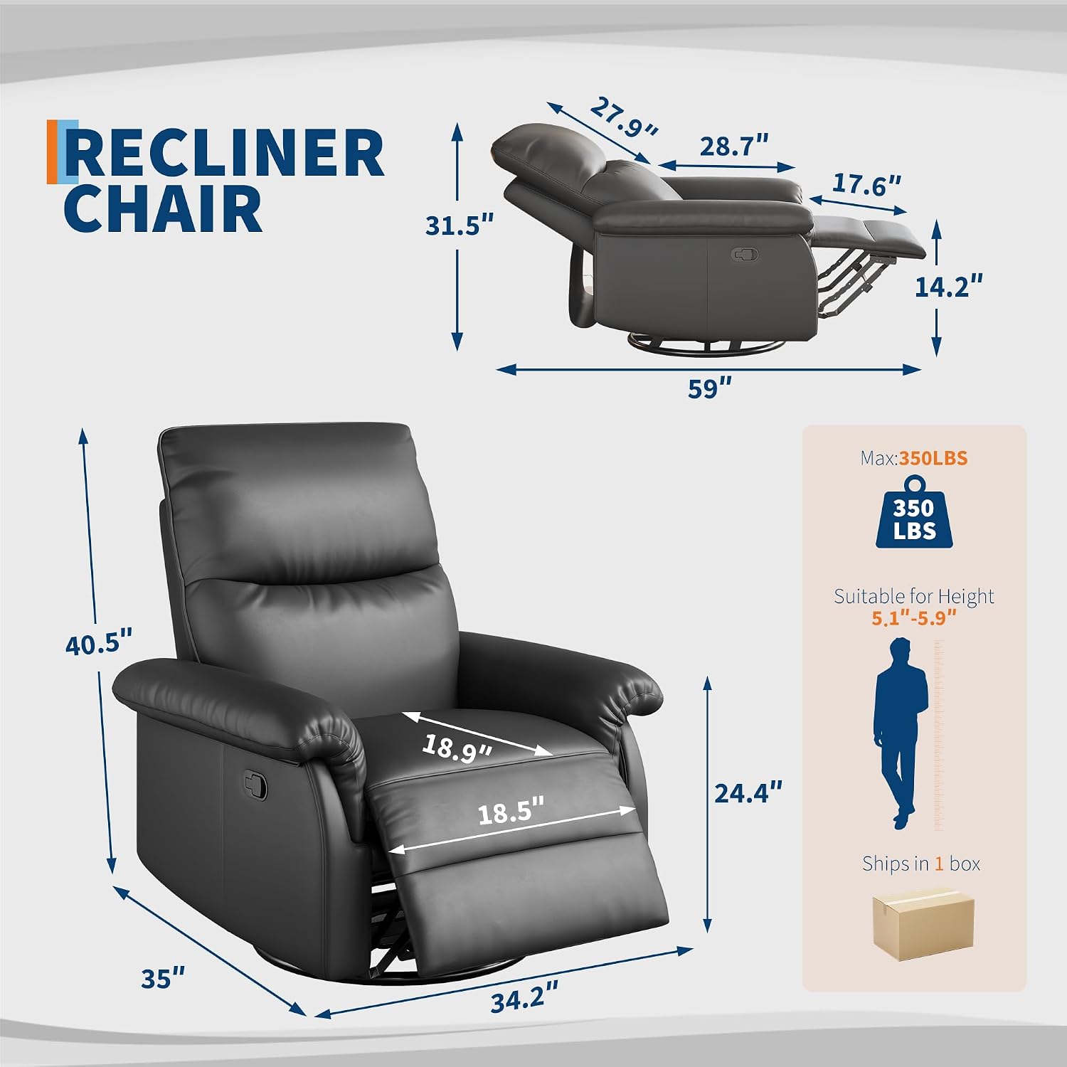 GAOMON Swivel Rocking Recliner Chair, Manual Leather Recliner Glider with Lumbar Support & Padded Armrest, Comfortable Rocker Nursery Single Sofa for Living Room and Bedroom (Black)