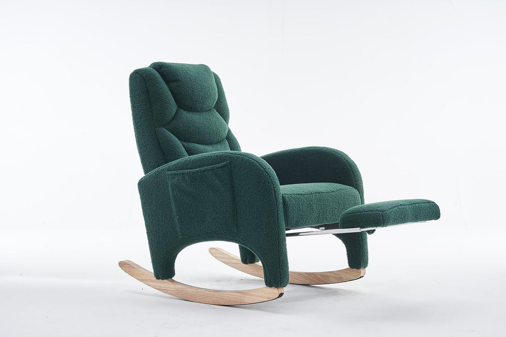 Rocking Chair with Foot Rest, Nursery Glider Teddy Gliding Rocking Chair with Retractable Footrest Rubber Wood Legs Side Pocket High Back & Wide Seat Nursing Chair for Living Room (Green)