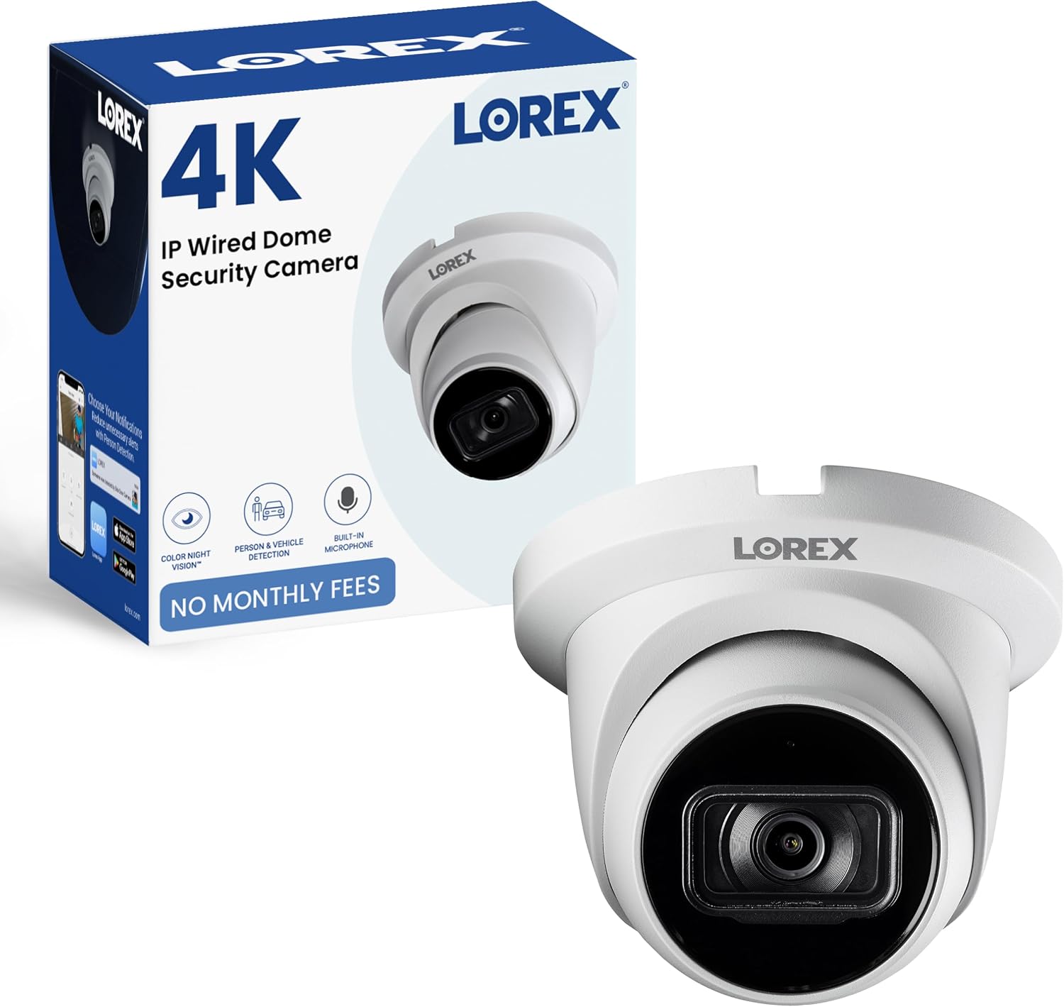 Lorex 4K 8MP IP PoE White Wired Security Dome Camera | Add-On Camera | Color Night Vision | Smart Motion Detection (Person/Vehicle) | Listen-in Audio | IP67 Weatherproof | Metal Housing