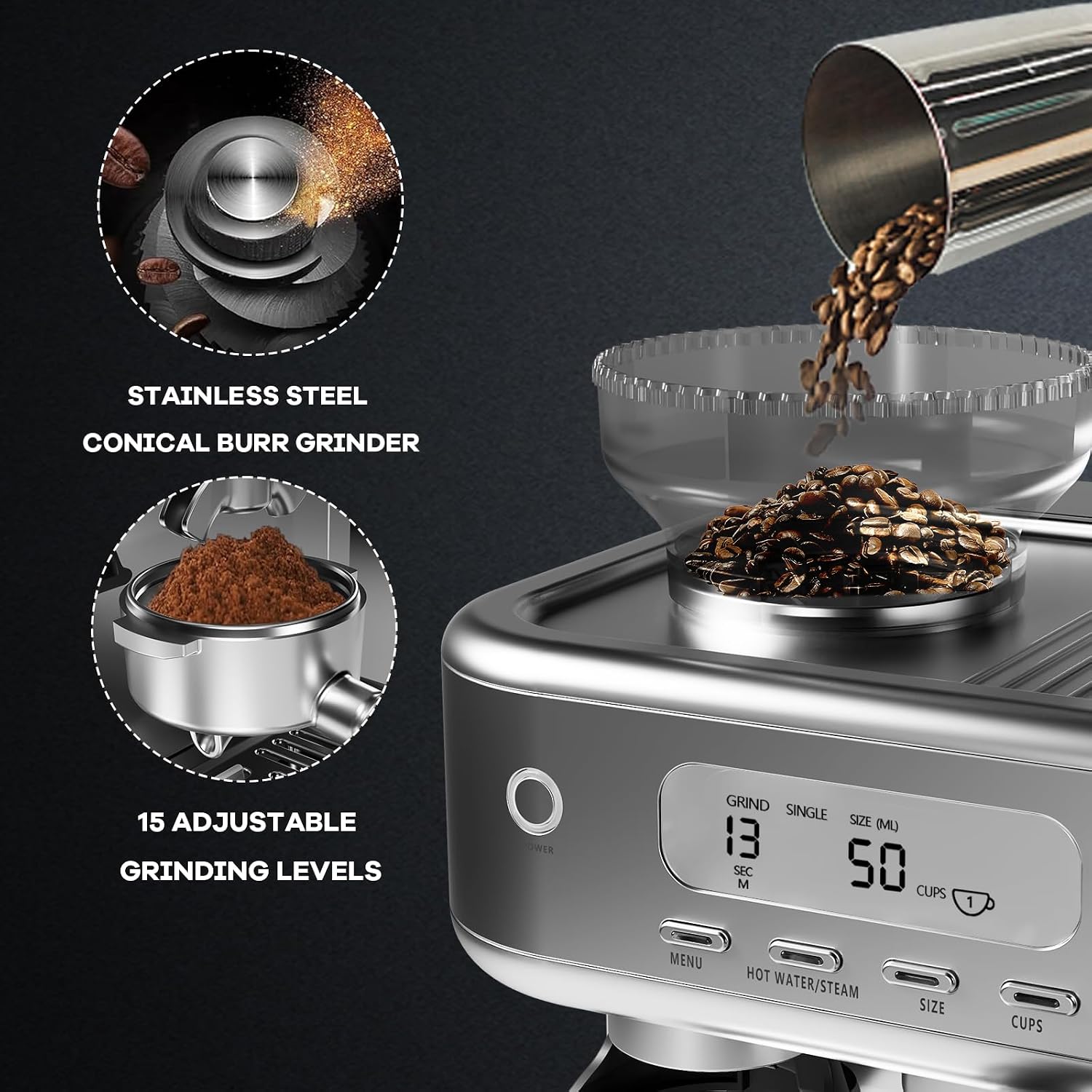 GarveeHome Semi-Automatic Espresso Machine, Coffee Machine with Grinder and Steam Milk Frother, LCD Smart Screen Espresso Maker with 78 oz Removable Water Tank for Cappuccinos and Lattes