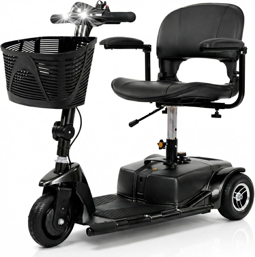 Vive 3 Wheel Mobility Scooter - Electric Powered Mobile Wheelchair Device for Adults - Folding, Collapsible and Compact for Travel - Long Range Power Extended Battery with Charger and Basket Included