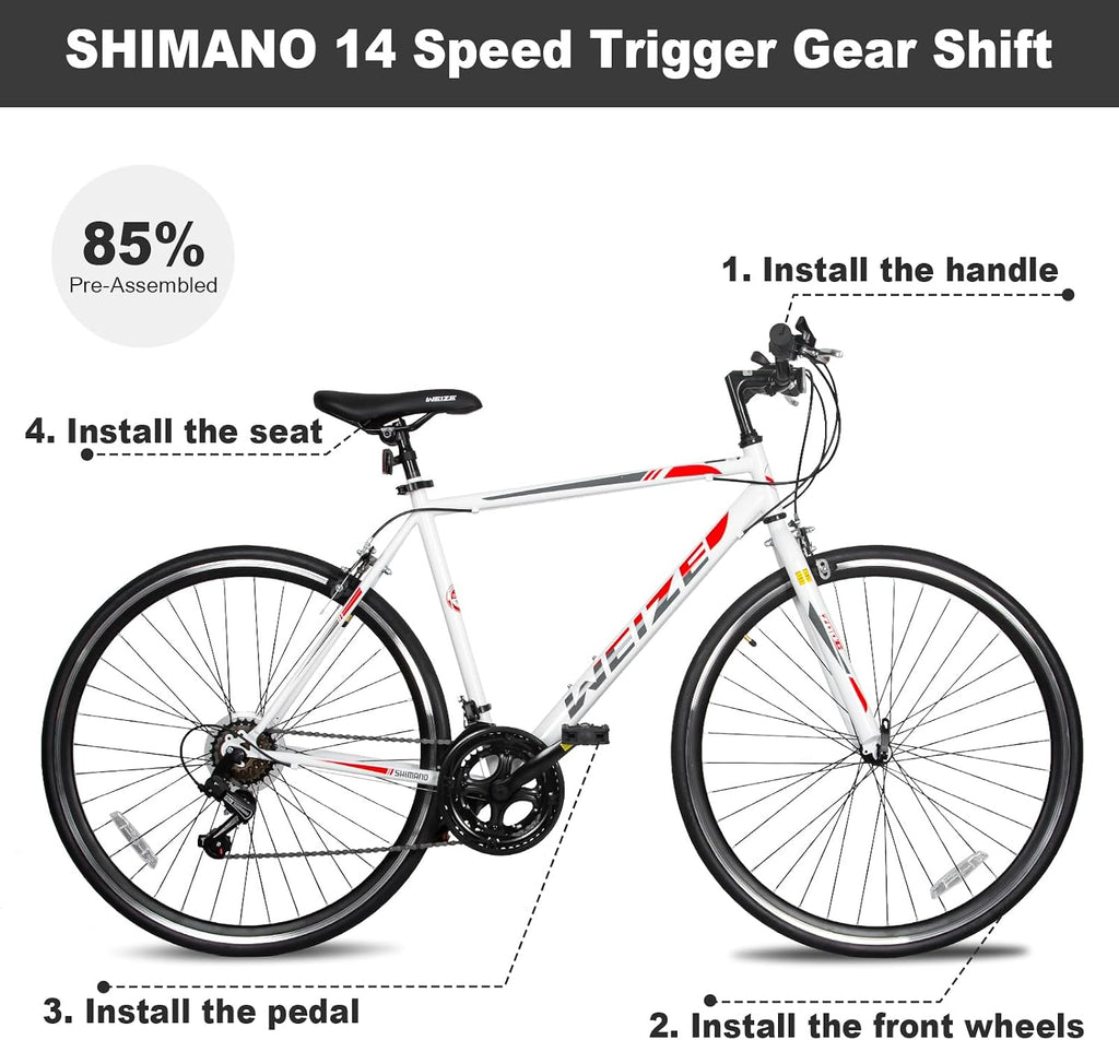WEIZE 700C Hybrid Bike for Adults, 14 Speed Road Bike, City Commuter Bicycle with Caliper Brakes, High-Carbon Steel Racing Adult Bike, Urban Adult Bicycle for Men and Women