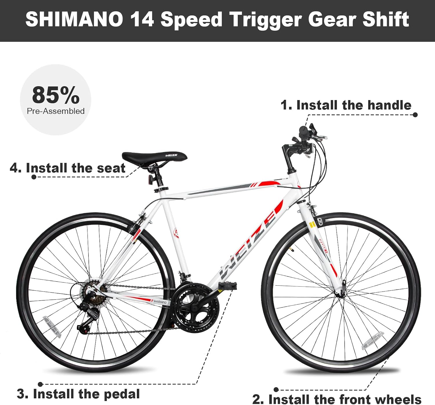 WEIZE 700C Hybrid Bike for Adults, 14 Speed Road Bike, City Commuter Bicycle with Caliper Brakes, High-Carbon Steel Racing Adult Bike, Urban Adult Bicycle for Men and Women