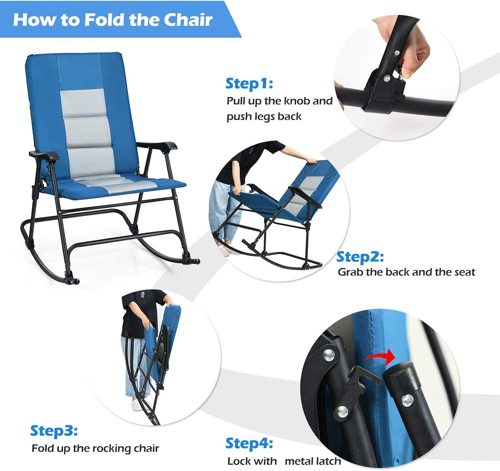Giantex Camping Rocking Chair Foldable Oversized with Padded Armrest and Seat Folding Lawn Chair 350 lbs Weight Capacity for Outdoor, Patio, Lawn, Backyard, Garden Portable Chair (1, Blue)