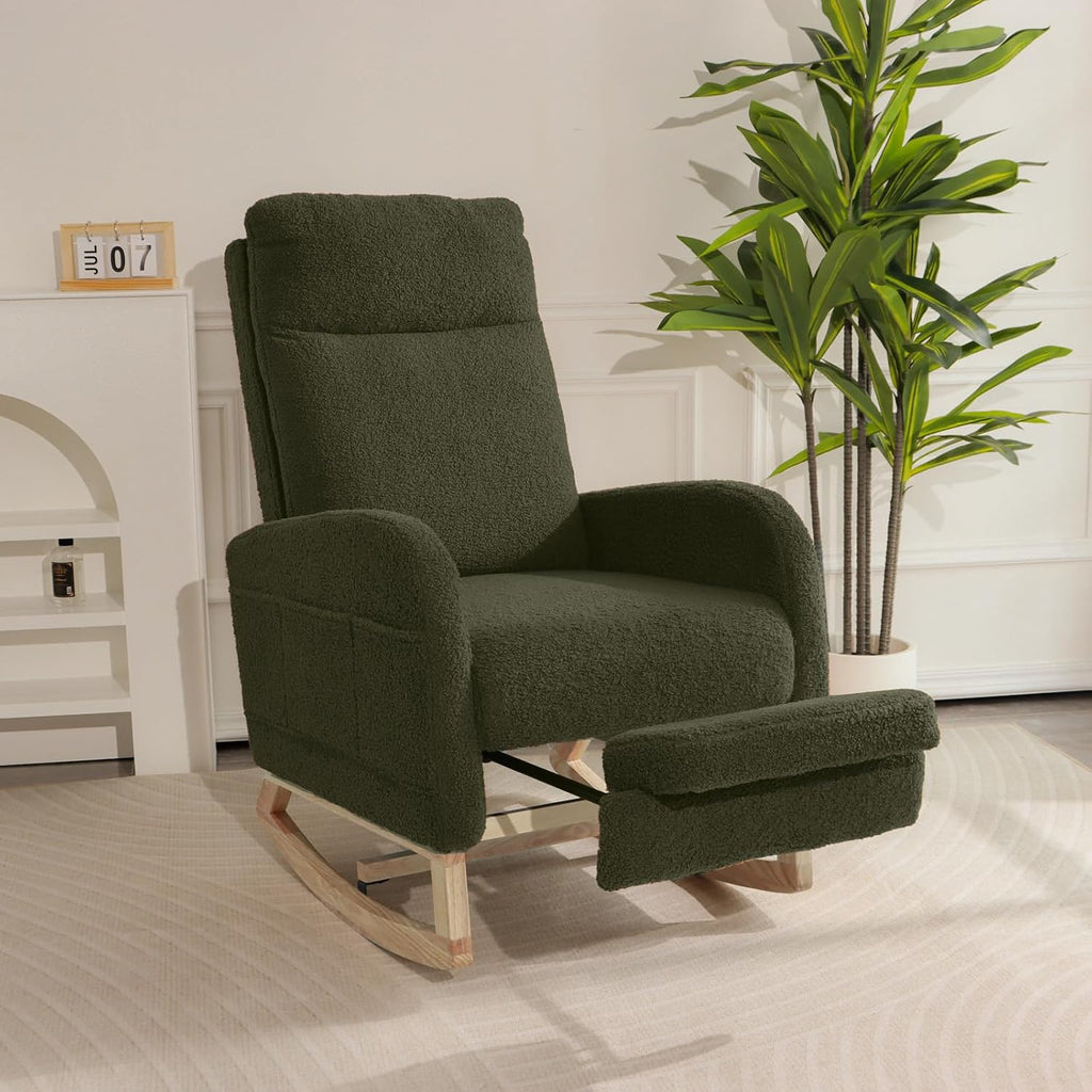 Rocking Chair Nursery with Foot Rest, Sherpa Nursing Rocking for Mom Nursery Rocker Chair with High Backrest, Armchair Rocker Glider with Side Pocket for Living Room, Bedroom, Teddy Green