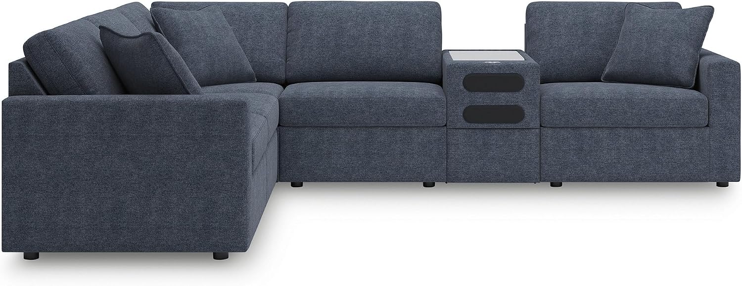 Signature Design by Ashley Modmax Contemporary Stain Resistant Left-Arm Facing 6-Piece Sectional with Audio Console, Armrest, Throw Pillows and Reversible Cushions, Blue