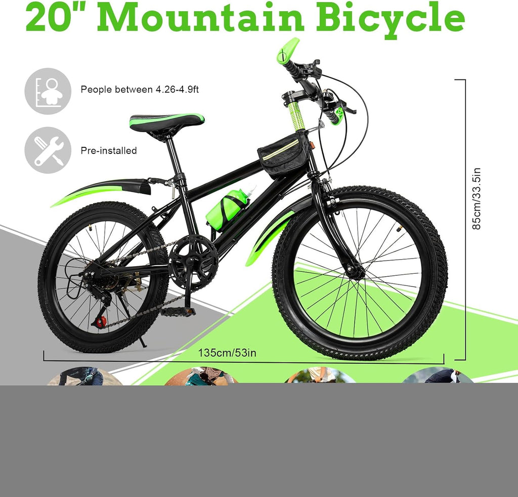 20 Inch Kids Mountain Bike - 7-Speed Children's Bike w/Dual Disc Brakes - Heavy Duty Steel Frame for Boys & Girls Age 8-12 - Trail/City Riding (Green)