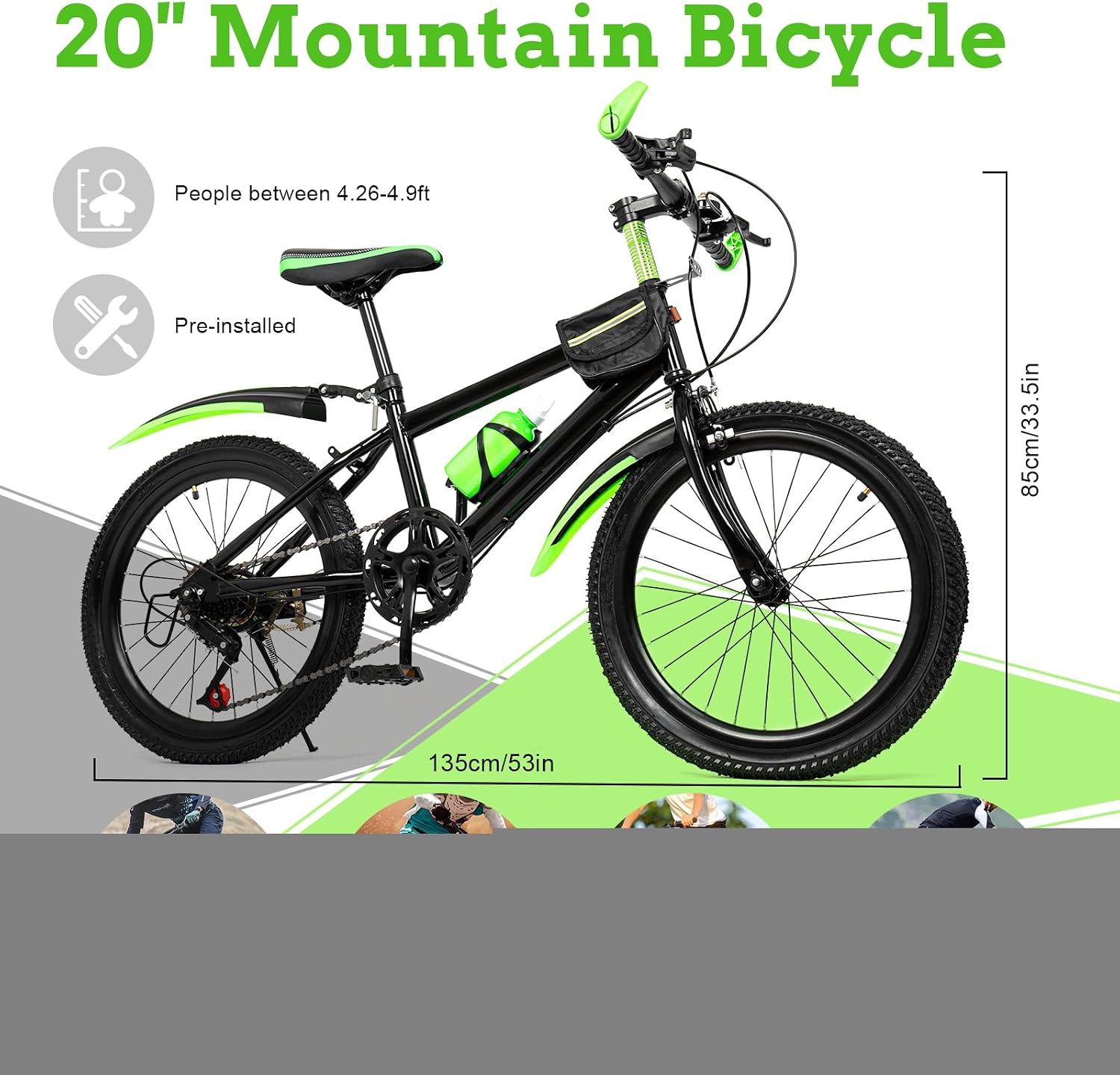 20 Inch Kids Mountain Bike - 7-Speed Children's Bike w/Dual Disc Brakes - Heavy Duty Steel Frame for Boys & Girls Age 8-12 - Trail/City Riding (Green)