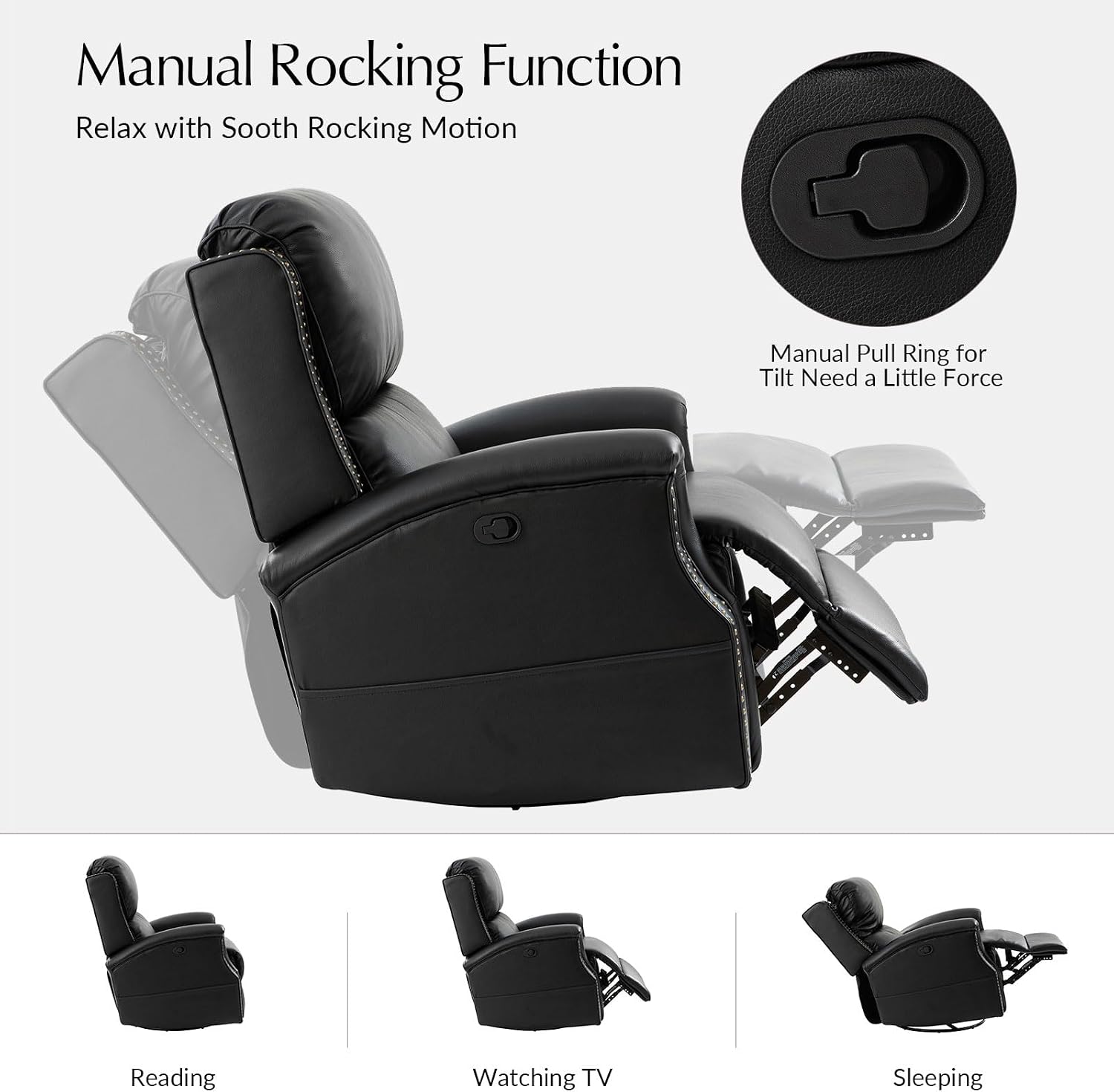 HULALA HOME Genuine Leather Recliner Chair, Swivel Rocker Chair with Thick Seat, Classic Push Back Armchair with Backrest, Nailhead Trim, Black