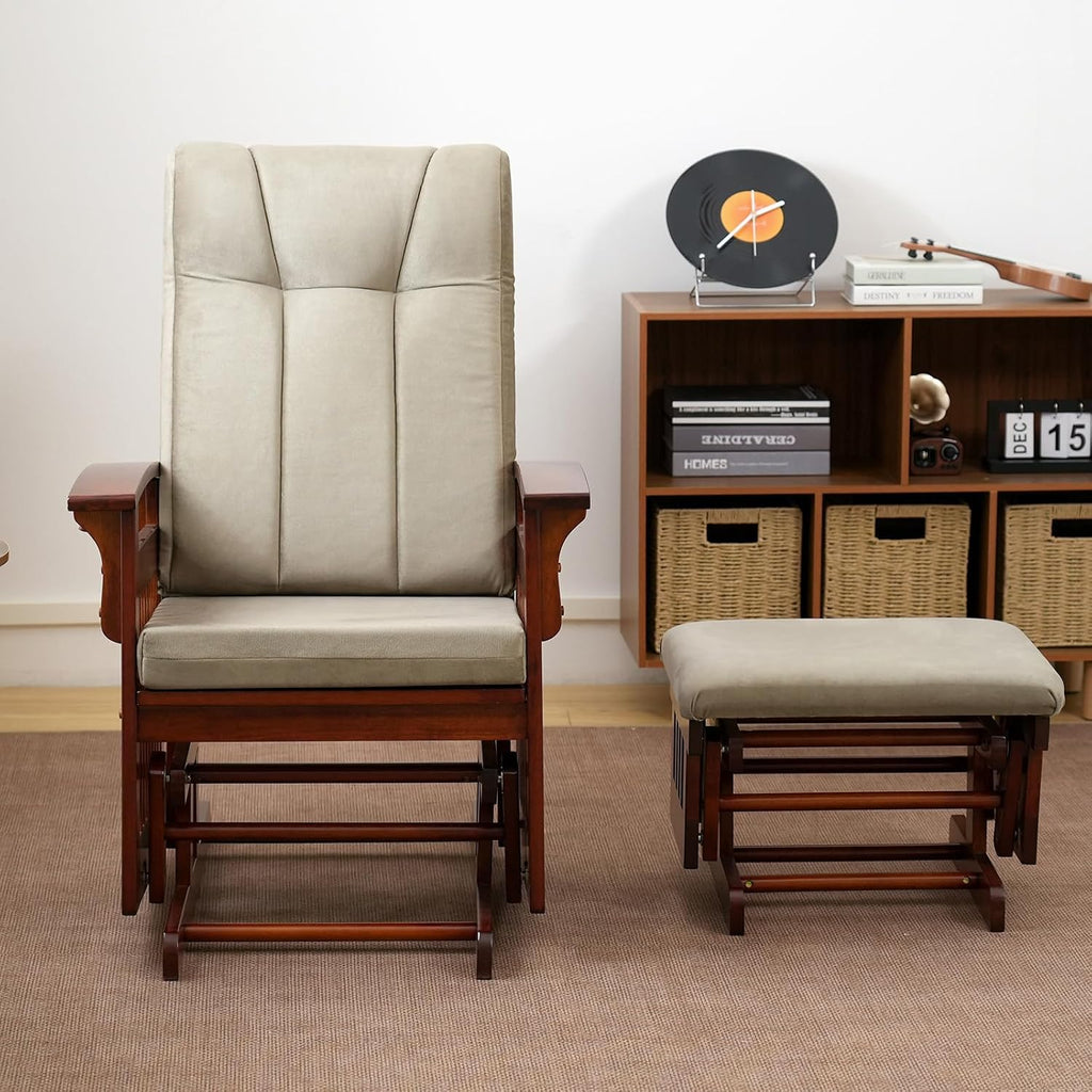 Solid Wood Glider Rocking Chair and Ottoman Set, Rustic Nursery Glider Rocker with Padded Cushion, Smooth Rocking Motion Indoor Living Room Nursing，Napping，Reading, Brown