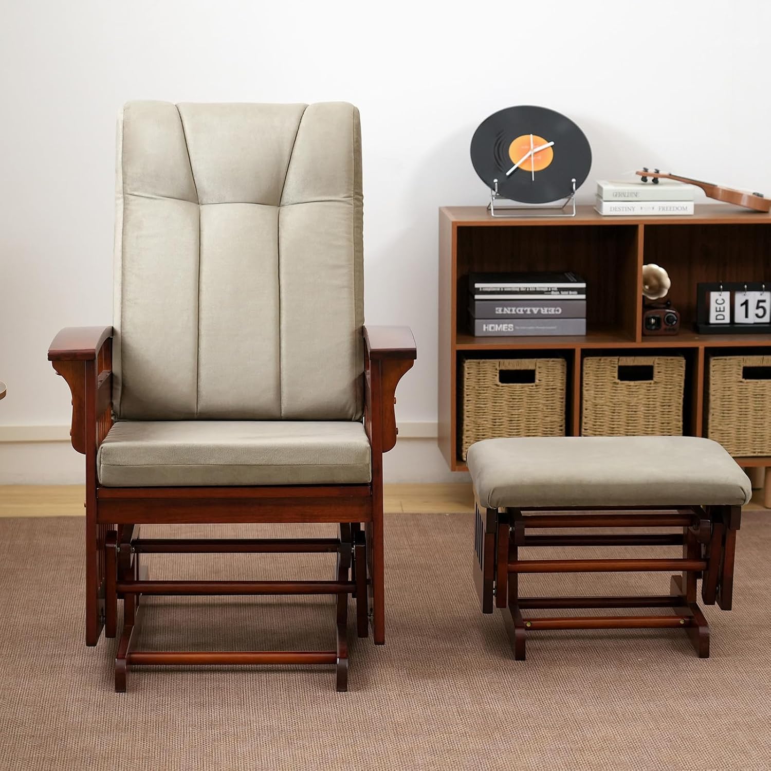 Solid Wood Glider Rocking Chair and Ottoman Set, Rustic Nursery Glider Rocker with Padded Cushion, Smooth Rocking Motion Indoor Living Room Nursing，Napping，Reading, Brown