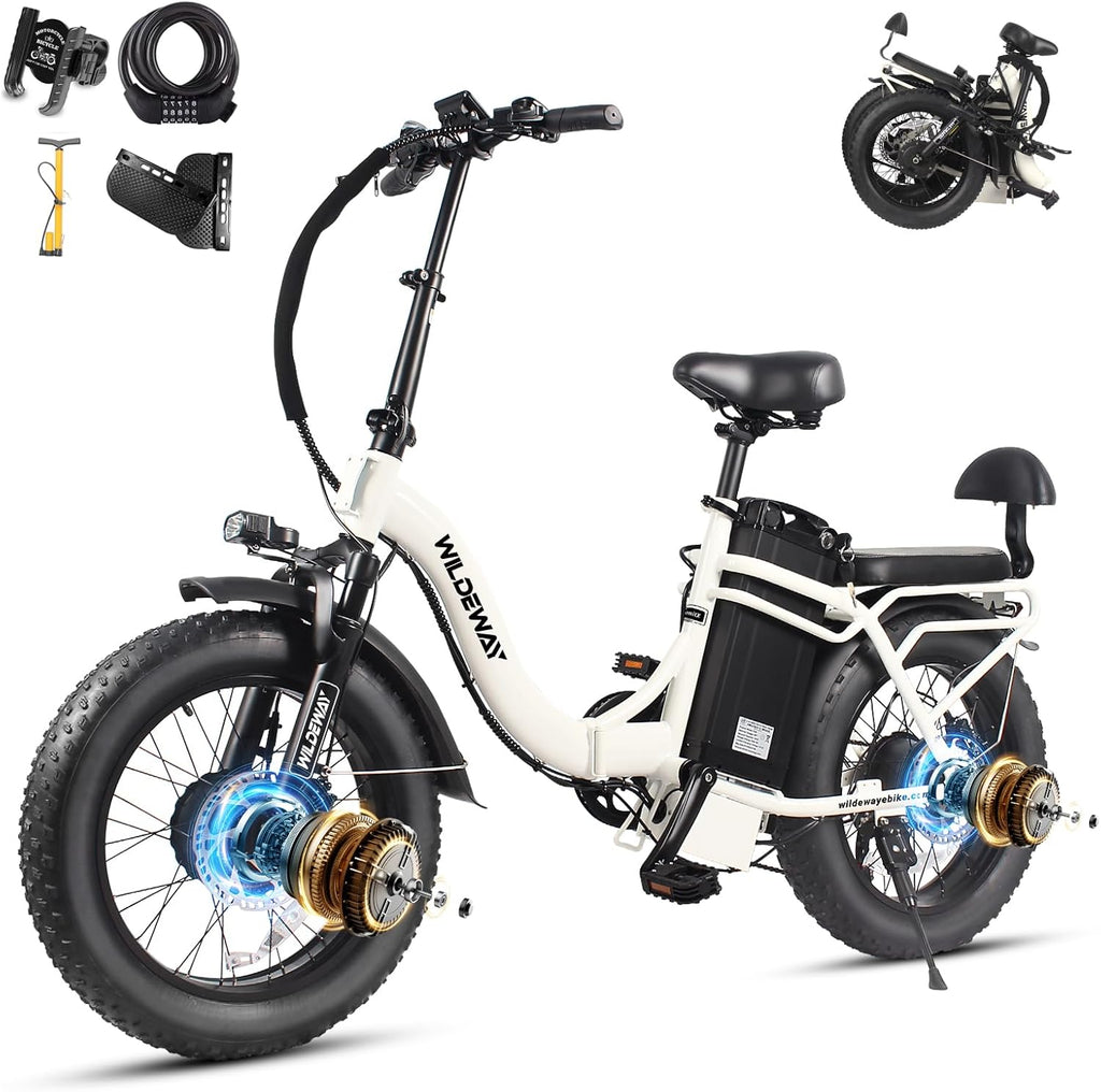 Wildeway 2000W Dual Motor Electric Bike SummitX 32Ah Battery E-Bike 90 Miles Long Range 28MPH Foldable 20x4.0 Fat Tire Ebike for Adult Hydraulic Brake Delivery Commuting Bicycle 2 Seat