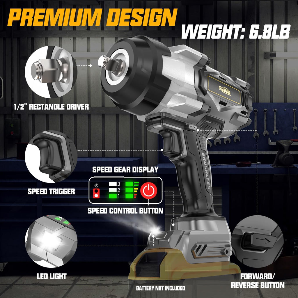 Cordless Impact Wrench 1/2' Compatible with Dewalt 20V Battery, 1600Ft-lbs(2200N.m) High Torque Impact Gun Heavy Duty, Brushless Electric Power Impact Driver with 4 Speed Modes & LED Work Light