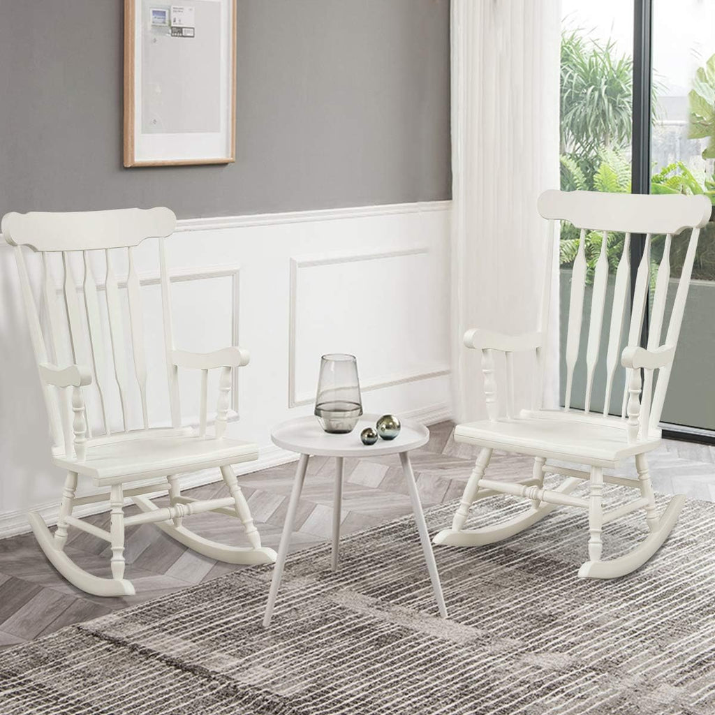 Giantex Outdoor Wood Rocking Chair Set of 2 - Patio Rocking Chair with Rubber Wood Frame, Slat Back, Outside & Indoor Rocker for Garden, Poolside, Balcony, Backyard, Lawn, Front Porch Rocker, White