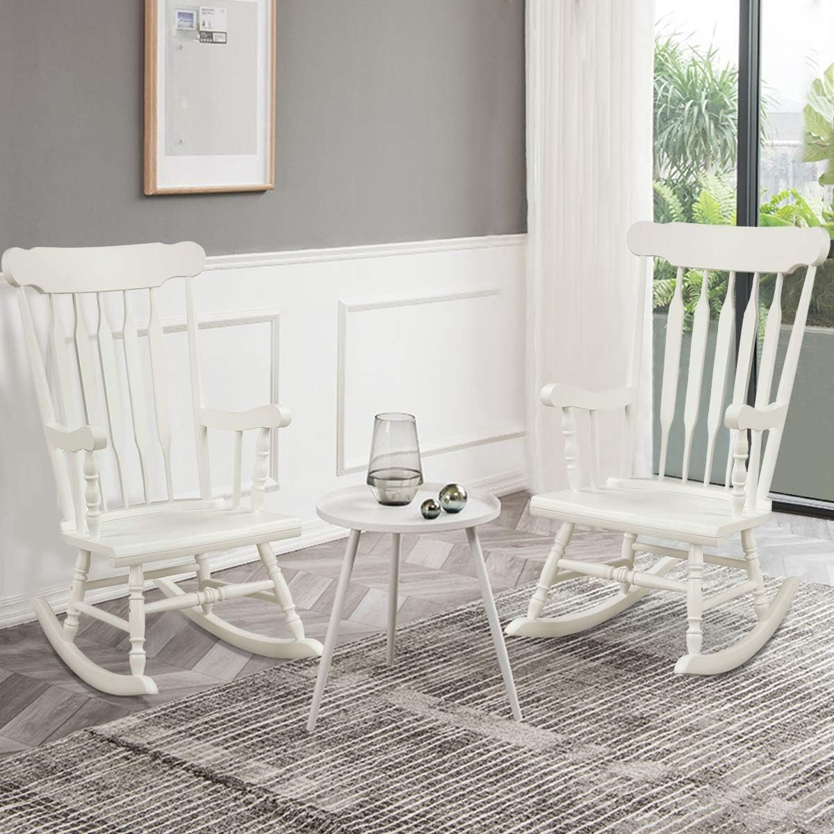 Giantex Outdoor Wood Rocking Chair Set of 2 - Patio Rocking Chair with Rubber Wood Frame, Slat Back, Outside & Indoor Rocker for Garden, Poolside, Balcony, Backyard, Lawn, Front Porch Rocker, White