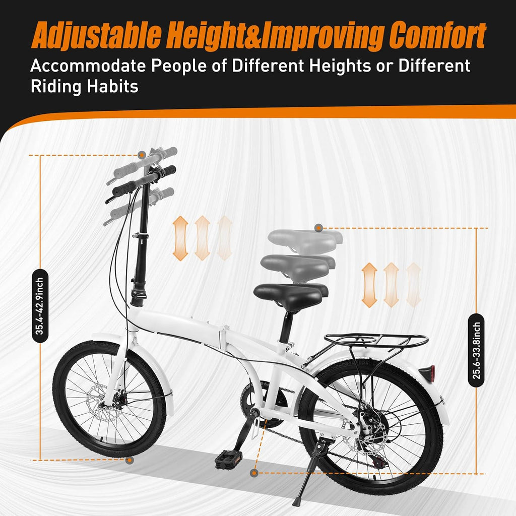 20' Foldable Bicycle, 7 Speed Non-Slip Folding Bike W/Dual Disc Brake & Adjustable Design, Folding Bikes for Adult City Commuter Bicycle