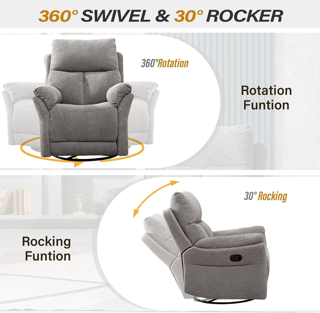 ANJ Swivel Rocker Recliner Nursery Chair, Manual Glider Rocking Recliner Chairs for Adults, Rocking Chair Nursery ReclinerS, 360° Swivel Lazy Boy Recliner Chairs for Living Room, rv, Silver Grey