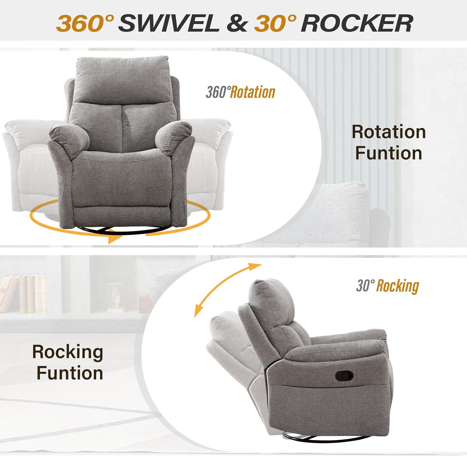 ANJ Swivel Rocker Recliner Nursery Chair, Manual Glider Rocking Recliner Chairs for Adults, Rocking Chair Nursery ReclinerS, 360° Swivel Lazy Boy Recliner Chairs for Living Room, rv, Silver Grey