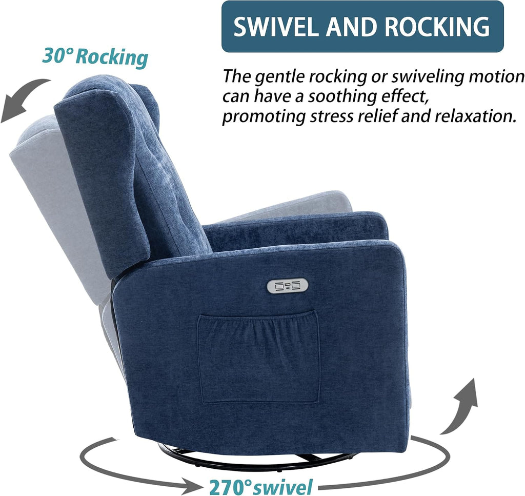 Ketaiyou Power Swivel Rocking Recliner Chair, Electric Rocker Nursery Glider Chair, USB and Type-C Ports, Upholstered Fabric Reclining Single Sofa Chair for Living Room (Blue)