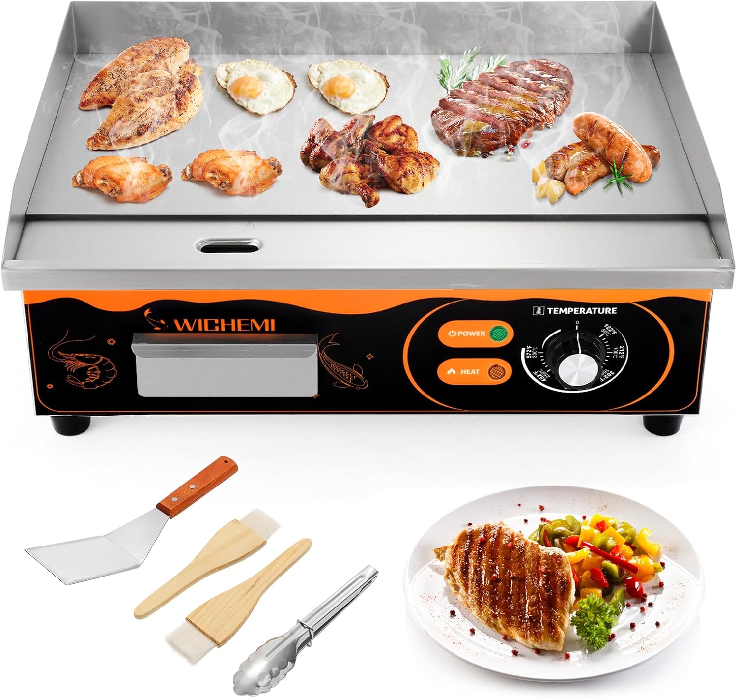 WICHEMI 22' Electric Grill Commercial Countertop Griddle Flat Top Grill Hot Plate Non-Stick Stainless Steel Teppanyaki Grill for Restaurant Kitchen, 110V 3000W