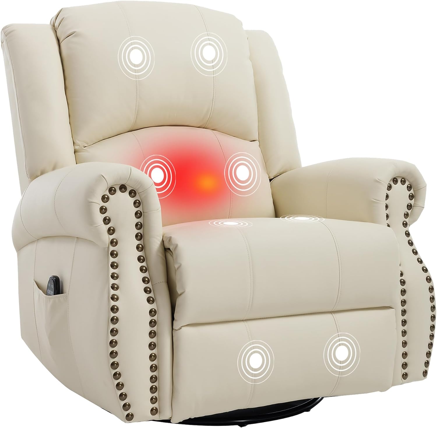 PELUMY Breathable Leather Swivel Rocking Recliner Chair for Adults, 360° Swivel Glider Rocker with Heat & Vibrating Massage, Lounge Chair for Living Room, Bedroom, Nursery (Creamy Beige)