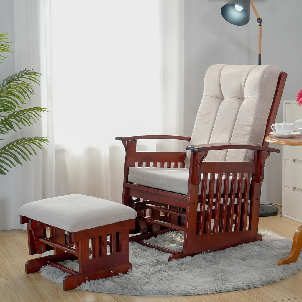 Rustic Glider Chair for Nursery with Ottoman, Resistant Rubber Wood Nursery Glider and Ottoman Sets for Relaxing, Rocking Chair for Living Room Bedroom, Cream White