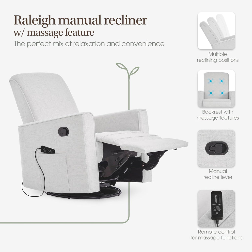 Evolur Raleigh Glider with Massager in Charcoal, Upholstered Plush Seating 360° Swivel Glider Rocking Chair, FSC Certified, Greenguard Gold & JPMA Certified Nursery Glider Recliner