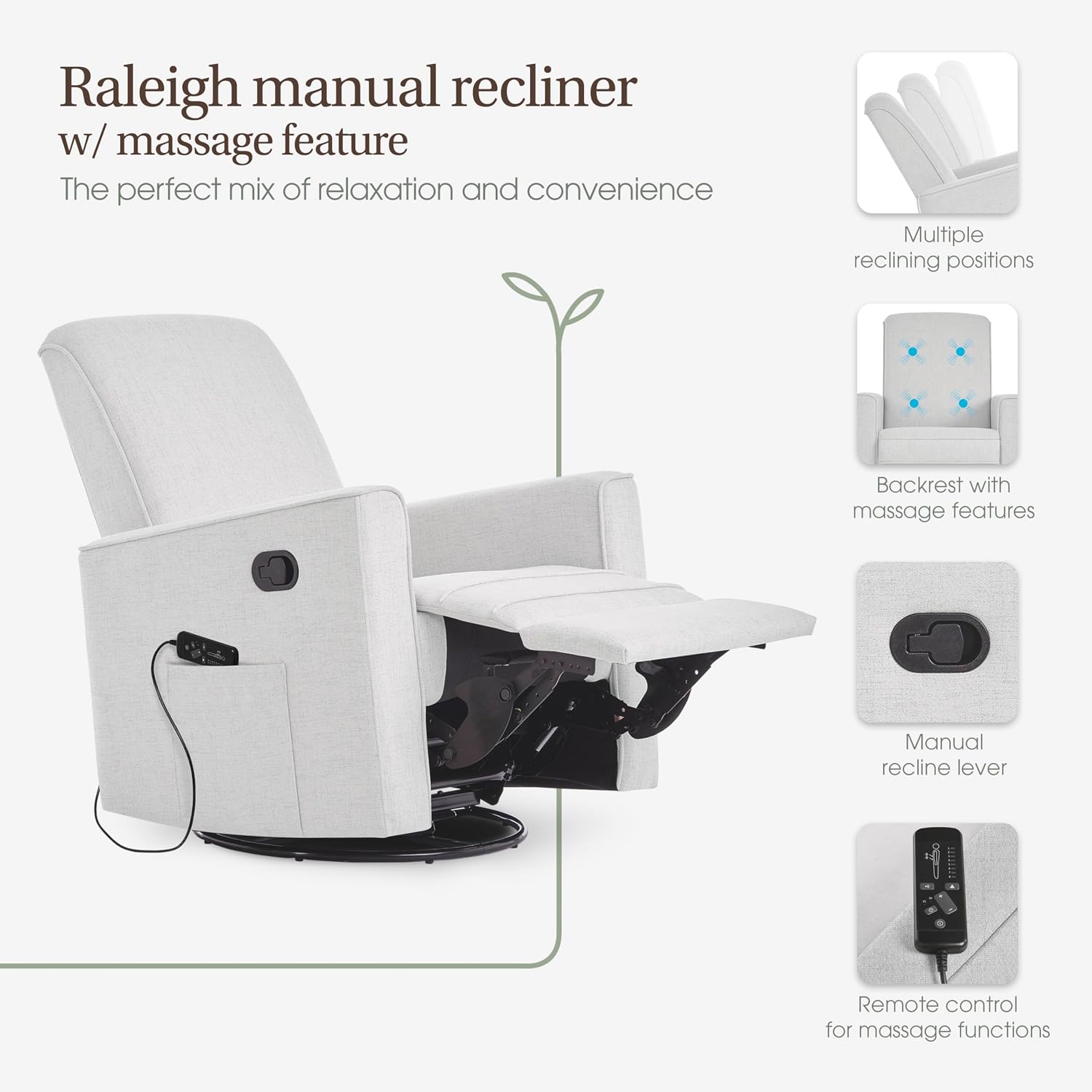 Evolur Raleigh Glider with Massager in Charcoal, Upholstered Plush Seating 360° Swivel Glider Rocking Chair, FSC Certified, Greenguard Gold & JPMA Certified Nursery Glider Recliner