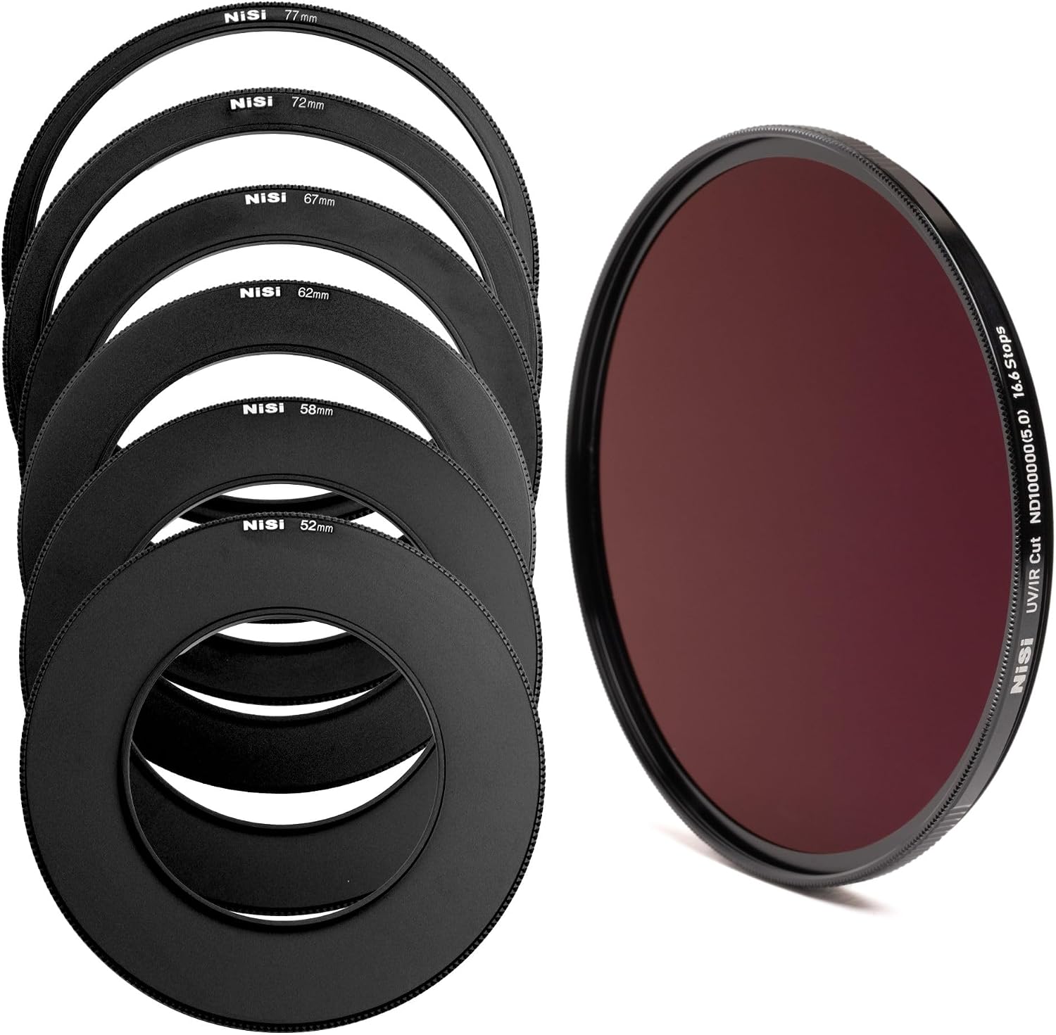 NiSi 52/58/62/67/72/77/82 ND5.0 Bundle - 82mm UV/IR Cut ND100000 (16.6 Stops), Aluminum Step-up Adapter Rings for Sizes 52, 58, 62, 67, 72, 77 - Celestial Event Photography Neutral Density Filter