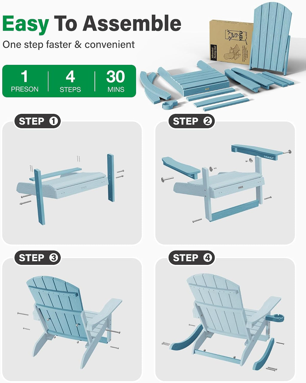 YEFU Adirondack Chairs with Retractable Ottoman: Oversize Adirondack Rocking Chairs - 5-Level Adjustable High Back - Outdoor Rocker with Cup Holder for Porch/Gardens/Lawn/Patio/Backyard/Blue