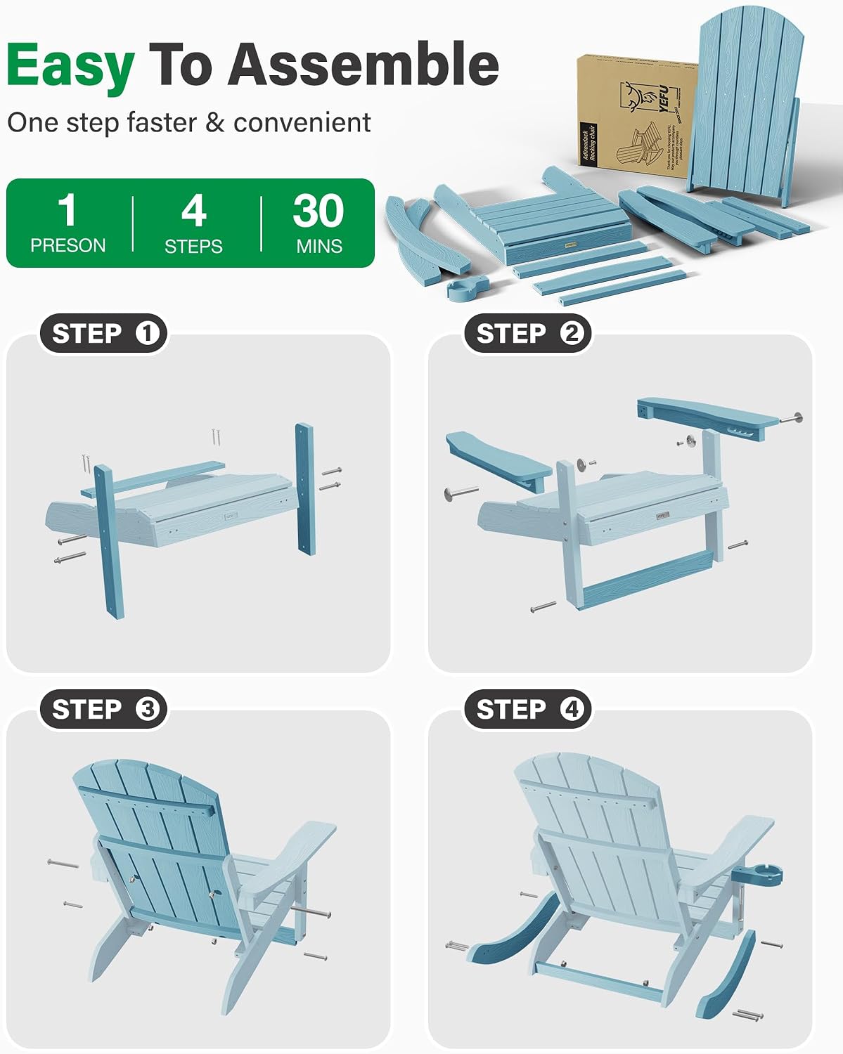 YEFU Adirondack Chairs with Retractable Ottoman: Oversize Adirondack Rocking Chairs - 5-Level Adjustable High Back - Outdoor Rocker with Cup Holder for Porch/Gardens/Lawn/Patio/Backyard/Blue