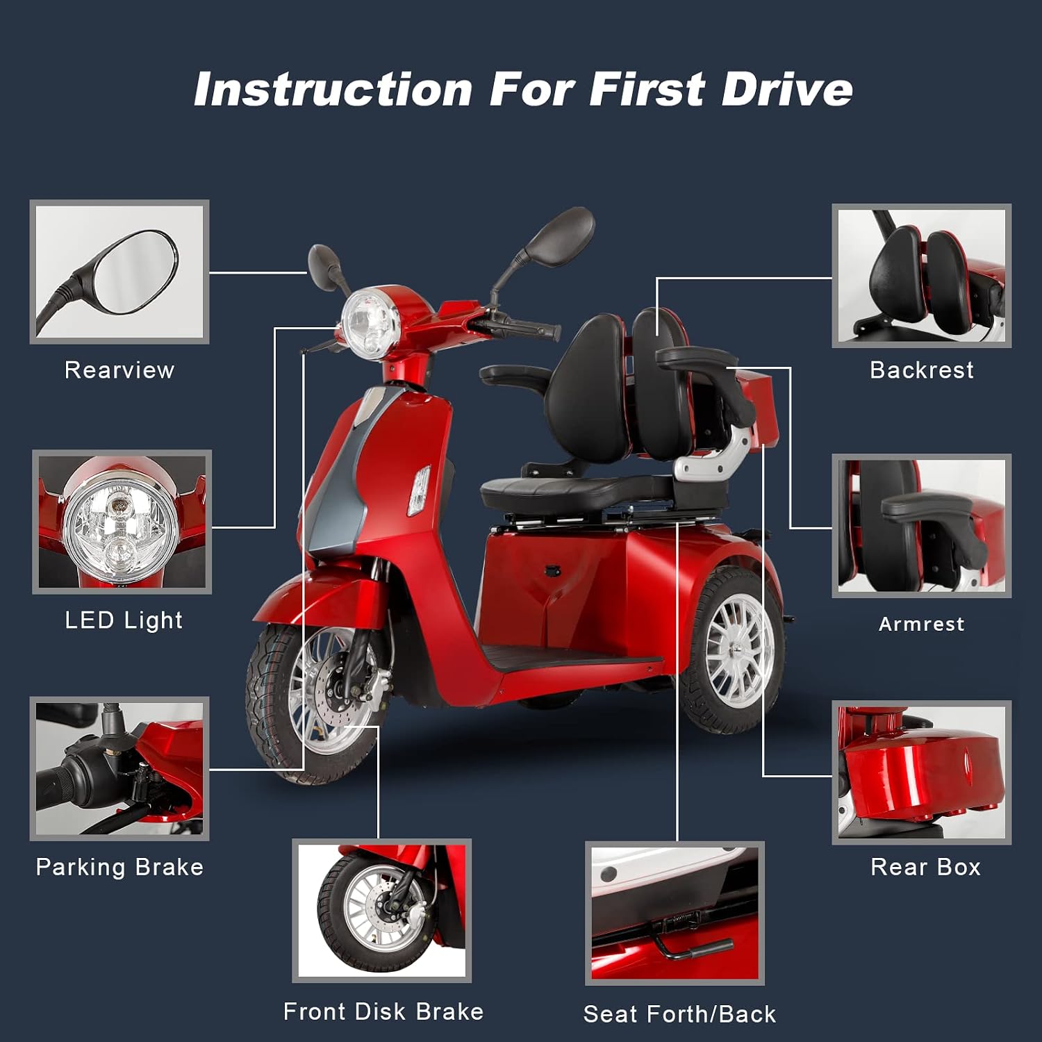 Heavy Duty 3 Wheel Mobility Scooters for Seniors & Adults 500lbs Capacity - Electric Powered Wheelchair Device - 800W All Terrain Fast Mobility Scooter for Outdoor w/Long Range Battery Romote Key