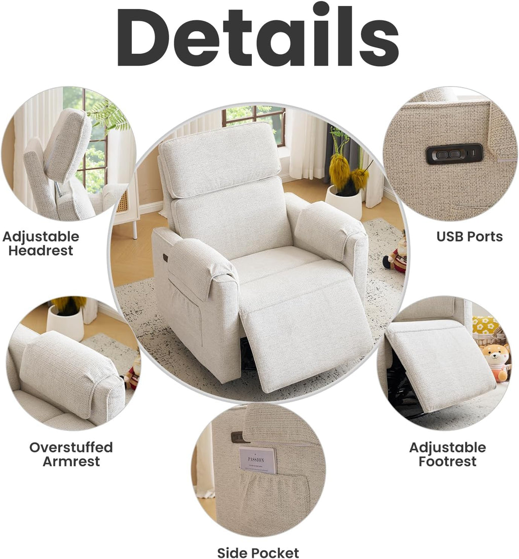 Chenille Rocking Chair Nursery with Adjustable Headrest,24' Extra Wide Swivel Rocker Recliner Chair with Overstuffed Armrest,Oversized Power Rocker Recliner with USB Ports,White