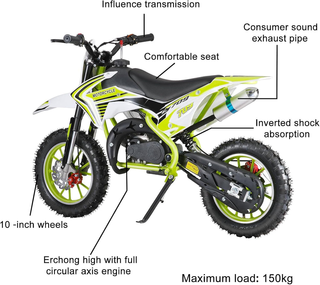 50cc Kids Dirt Bike, 2-Stroke Gas Power Dirt Bike Off Road Motocross Gas Dirt Bike with Front Rear Disc Brakes for Beginner Motocross Bikes for Kids 8-12 Max 30KM/H 150KG Load Green
