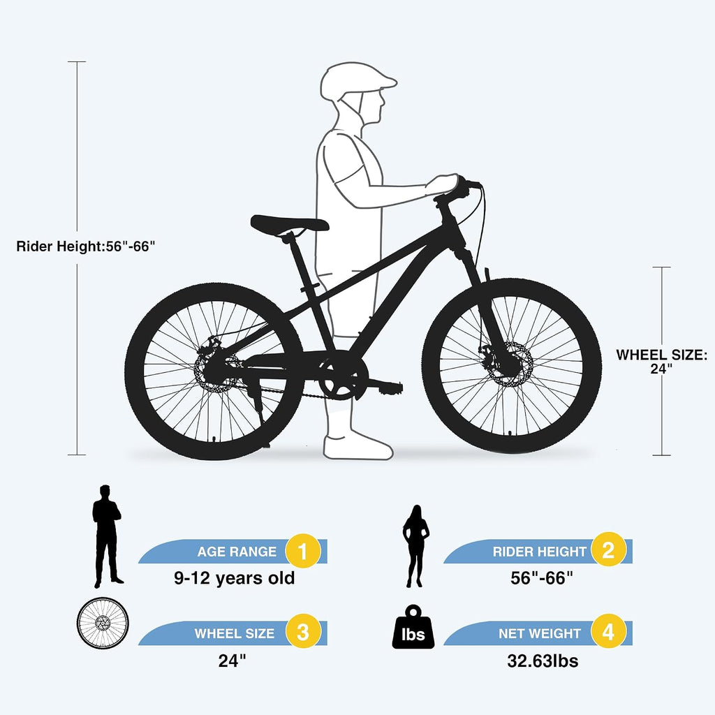 Kids Mountain Bike, 20 24 Inch Kids Bike for Boys Girls Age 7-12 Years, High Carbon Steel Bicycle, Suspension Fork, Dual Disc Brakes, Single Speed, Multiple Colors