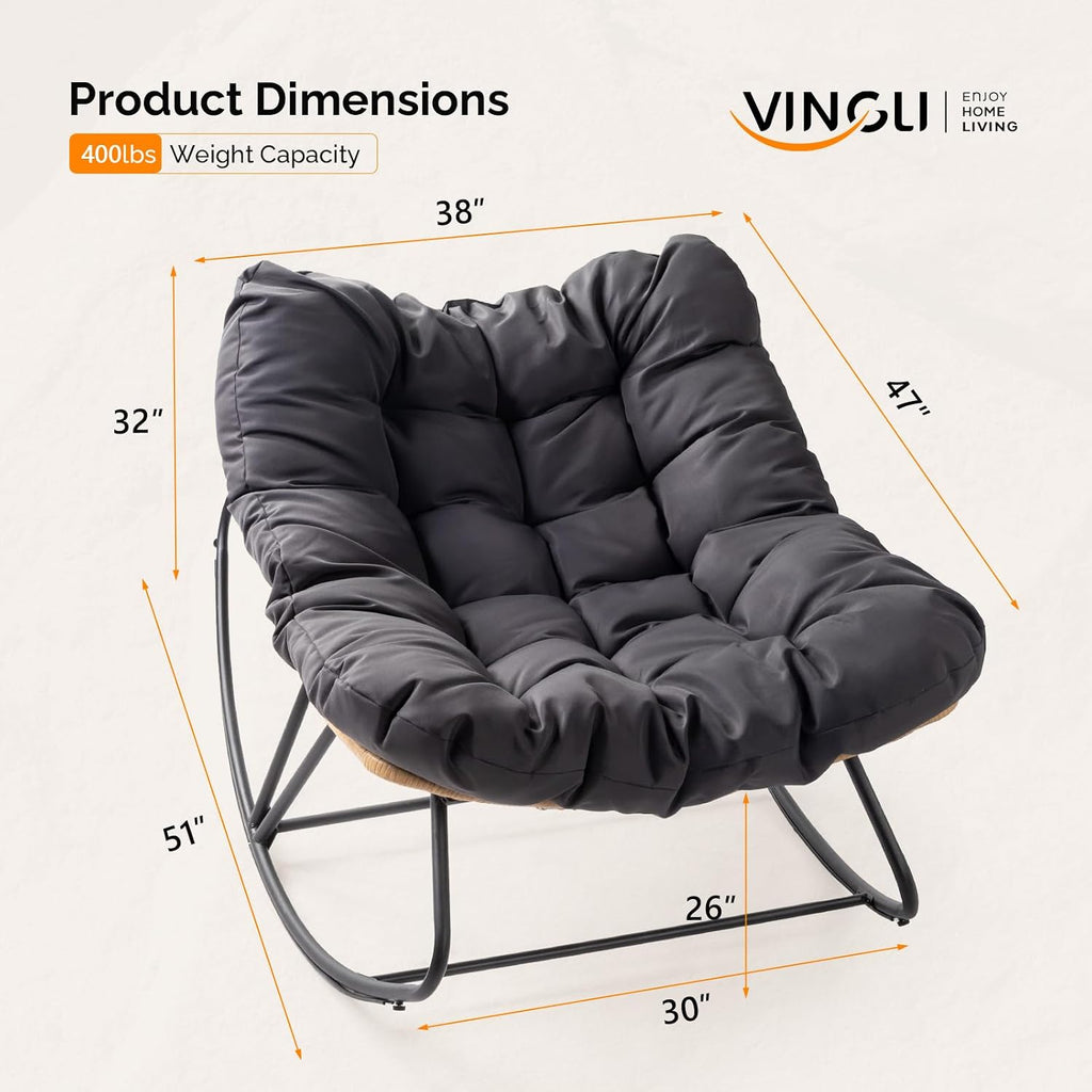 VINGLI Papasan Rocking Chair, Iron Frame Wicker Patio Chair with Thick Cushion, Indoor Outdoor Rocker for Bedroom, Porch, Garden, Grey