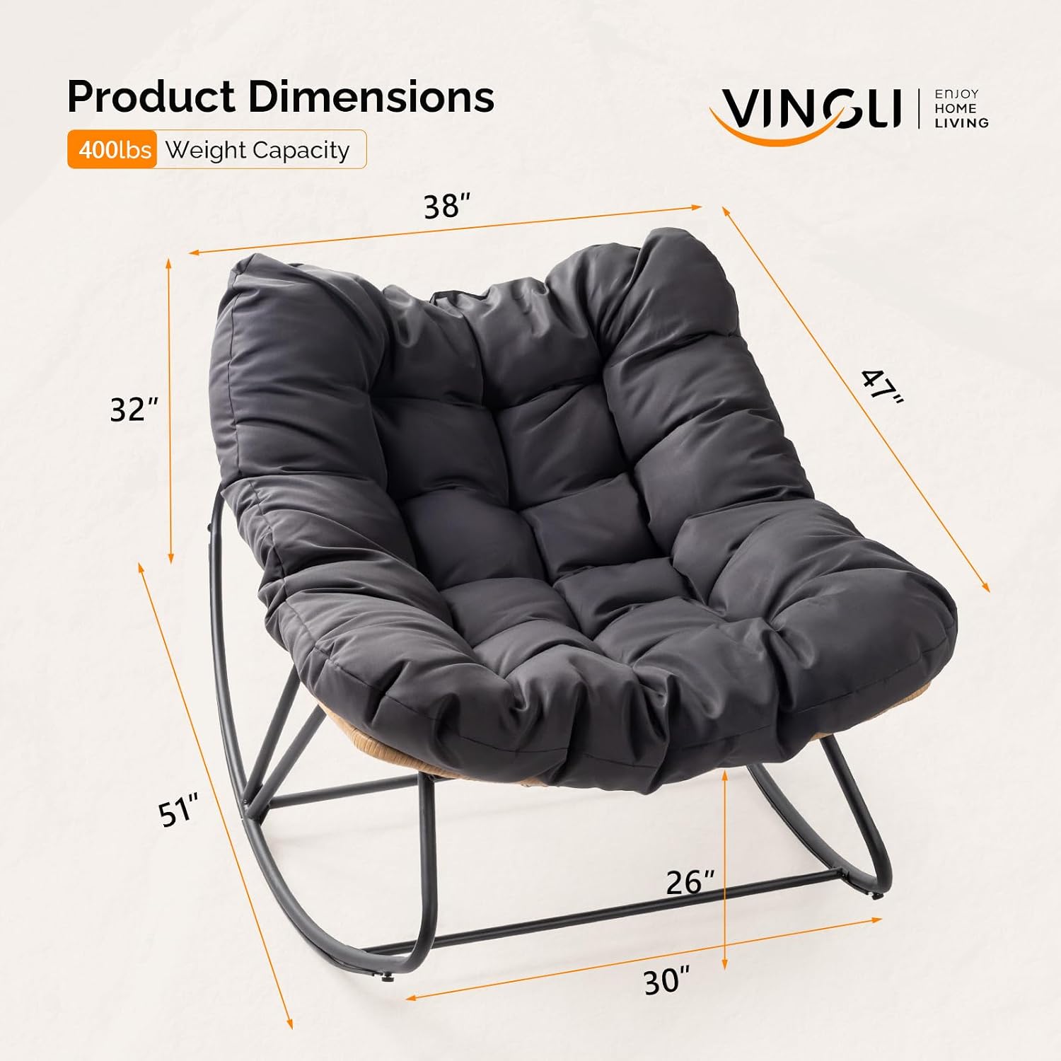 VINGLI Papasan Rocking Chair, Iron Frame Wicker Patio Chair with Thick Cushion, Indoor Outdoor Rocker for Bedroom, Porch, Garden, Grey