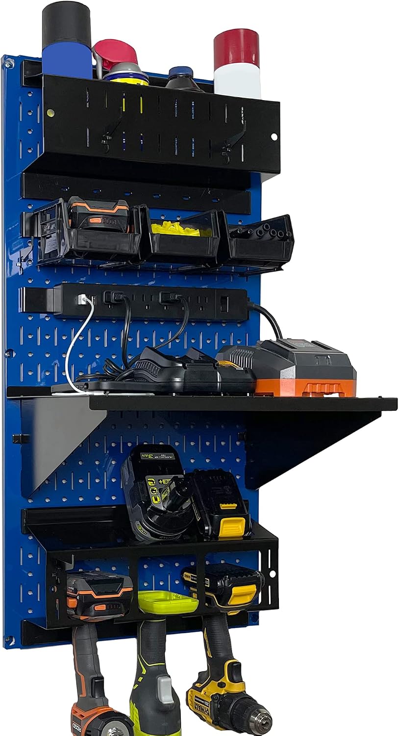 Wall Control Power Tool Storage Organizer Kit Cordless Drill Holder Charging Station Rack 16' x 32' Metal Pegboard Organization System (Blue Pegboard)
