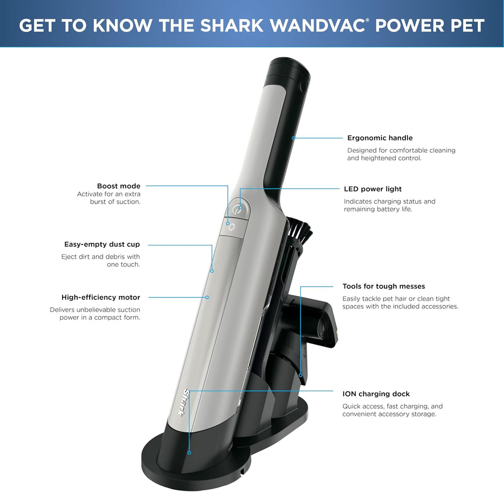 Shark WANDVAC Power PET Cordless Hand Vac, Ultra-Lightweight & Portable with Powerful Suction & Boost Mode, NEW FurFins Tool & Duster Crevice Tool, Designed for Car & Pet Homes, White, WV410WH