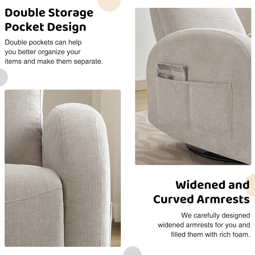 Manual Swivel Rocker Recliner, Nursery Rocking Chair with Lumbar Support, Chenille Nursering Glider Recliners with Double Pockets for Living Room, Camel
