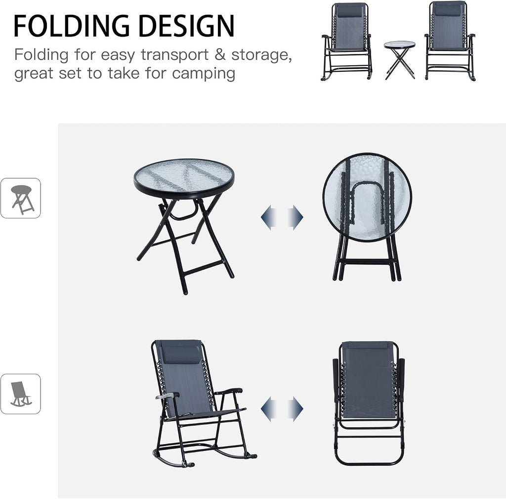 Outsunny 3 Piece Outdoor Rocking Bistro Set, Patio Folding Chair Table Set with Glass Coffee Table for Yard, Patio, Deck, Backyard, Grey