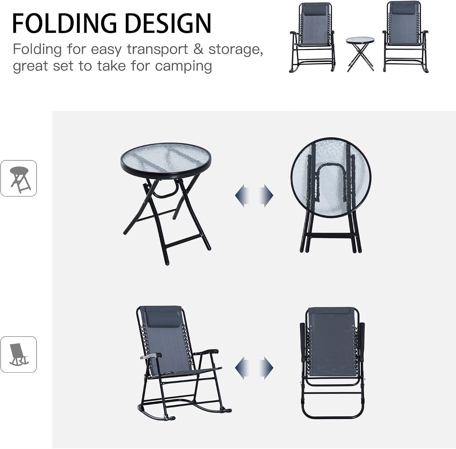 Outsunny 3 Piece Outdoor Rocking Bistro Set, Patio Folding Chair Table Set with Glass Coffee Table for Yard, Patio, Deck, Backyard, Grey