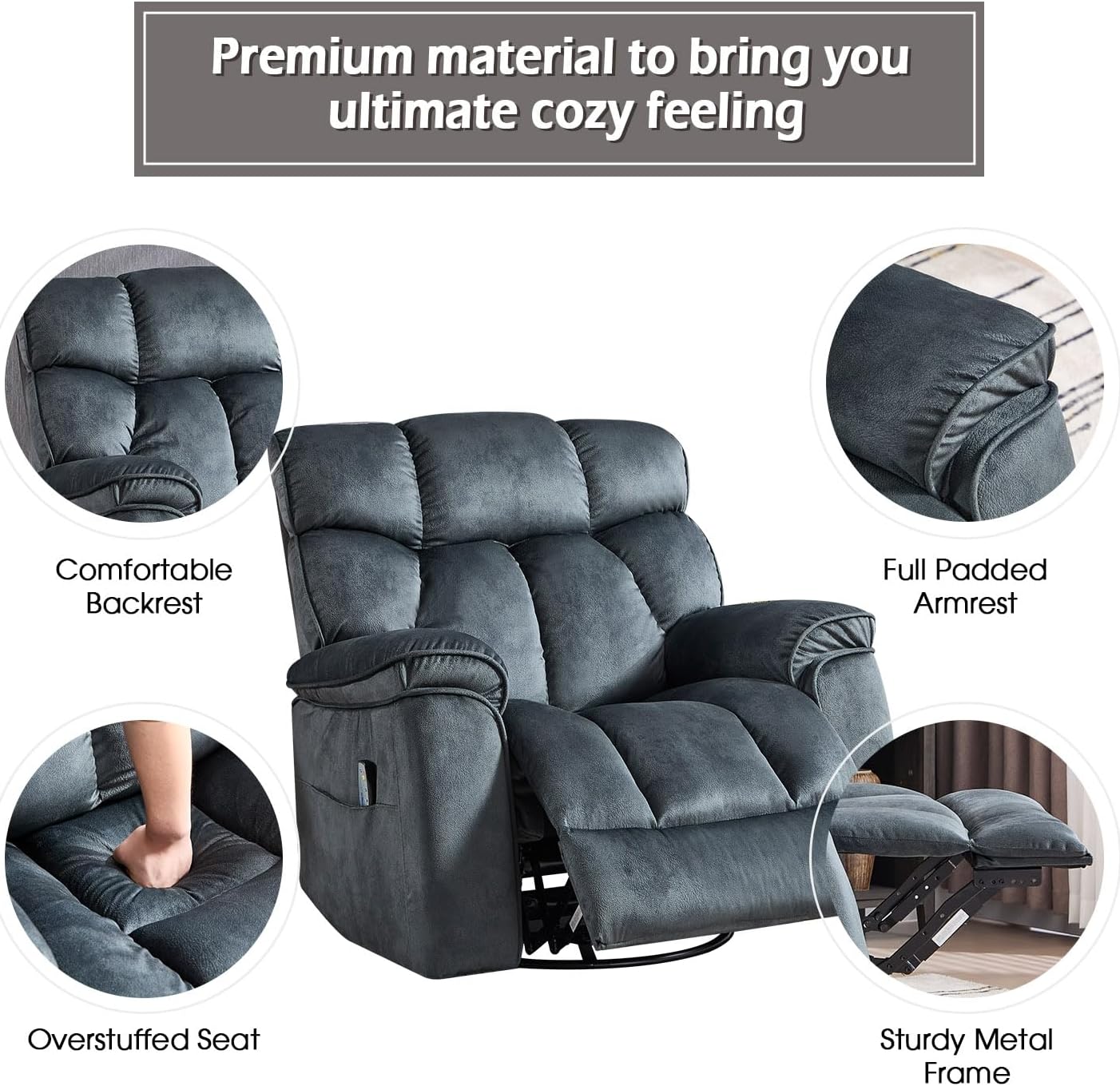 INZOY Oversized Rocker Recliner with Heat and Vibration, Manual Swivel Rocking Recliner Chair with Vibrating Massage, Comfy Padded Overstuffed Soft Fabric Heated Recliner, Grey